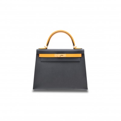 HERMÈS KELLY 28 EPSOM PEWTER GRAY AND SUN YELLOW (28*22*10cm) 